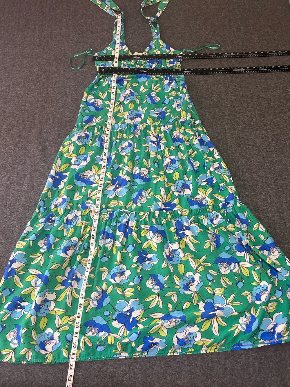 Monteau Los Angeles Floral Tiered Maxi Dress Green Blue Tie Strap Casual Size M - Picture 11 of 11